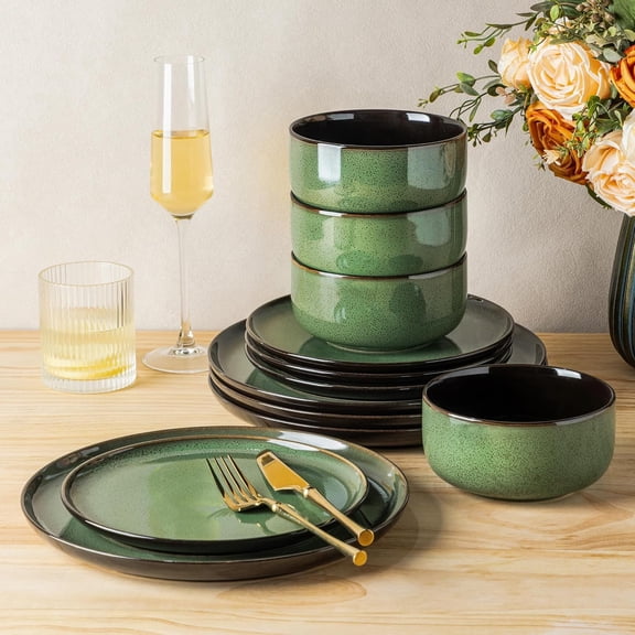 Ceramic Dinnerware Set for 4 10.5-Inch Plates 8.25-Inch Salad Plates 24-Oz Bowls Oven Dishwasher Microwave Safe Modern-Green