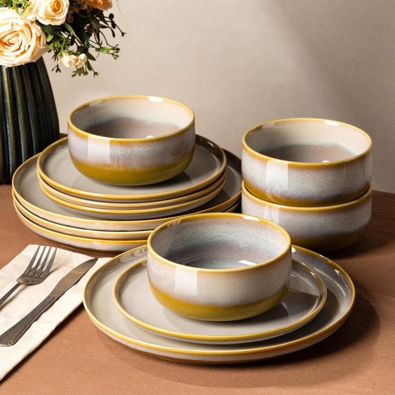 Ceramic Dinnerware Set for 4 12-Piece Handmade Reactive Glaze Plates and Bowls Oven Microwave and Dishwasher Safe Autumn Haze