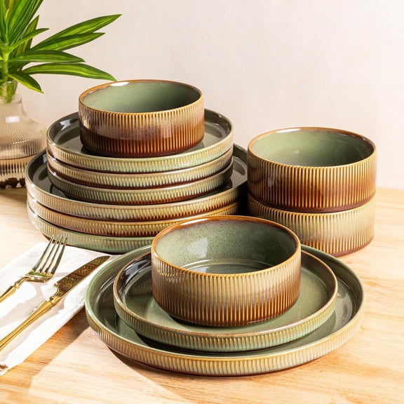Ceramic Dinnerware Set for 4, 12-Piece Porcelain Plates and Bowls, Scratch Resistant, Oven Microwave Dishwasher Safe, Sage Umber