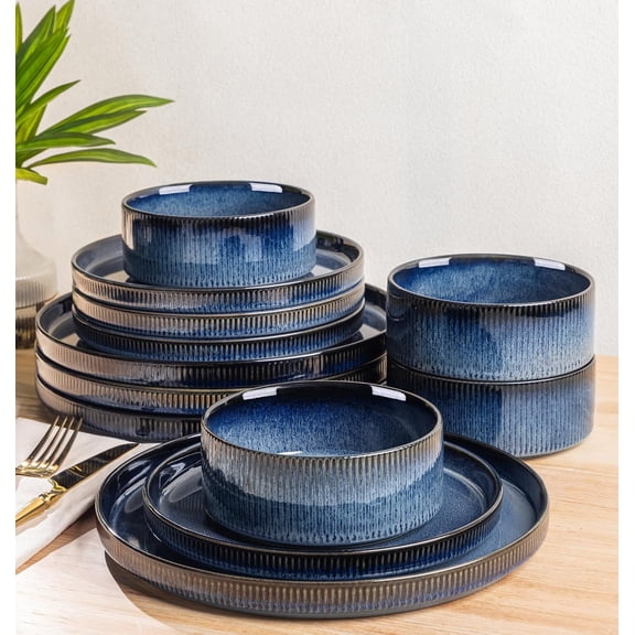 Ceramic Dinnerware Set for 4, 12-Piece Porcelain Plates and Bowls, Scratch Resistant, Oven Microwave and Dishwasher Safe, Starry Blue