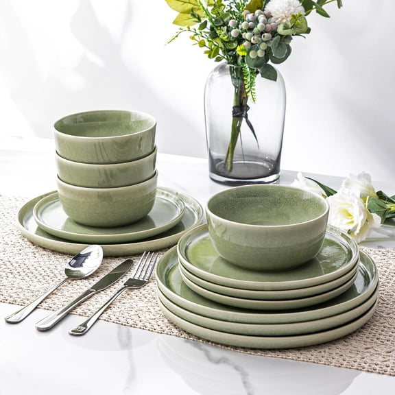 Ceramic Dinnerware Set for 4 - 12-Piece, Reactive Glaze Plates & Bowls, Dishwasher & Microwave Safe