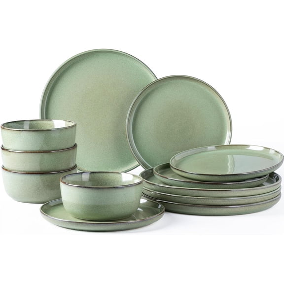 Ceramic Dinnerware Set for 4 12-Piece Stoneware Plates and Bowls Scratch Resistant Dishwasher and Microwave Safe Pastel Green
