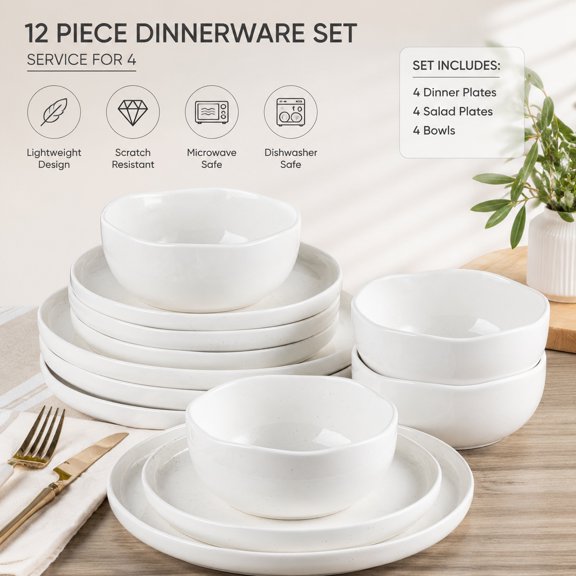Ceramic Dinnerware Set for 4, 12 Pieces Handmade Reactive Glaze Plates and Bowls, Scratch Resistant, Oven Microwave Dishwasher Safe, White Speckled