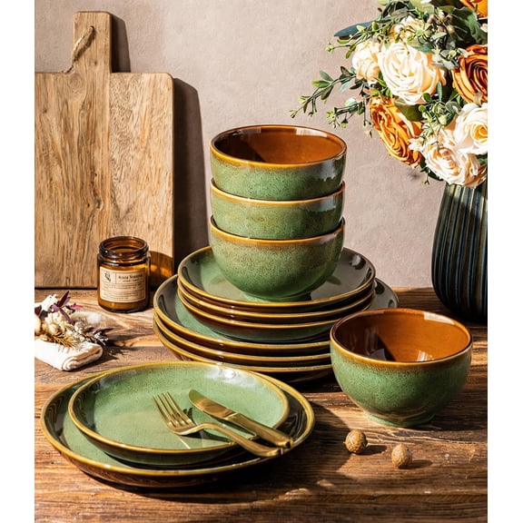 Ceramic Dinnerware Set for 4 People 12-Piece Stoneware Plates and Bowls Reactive Glaze Sage Meadow Green
