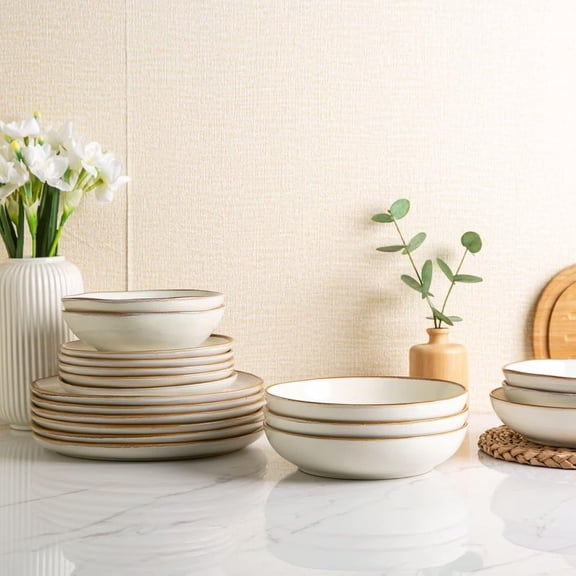 Ceramic Dinnerware Set for 4 People 12-Piece Stoneware Plates and Bowls with Reactive Glaze Dishwasher and Microwave Safe
