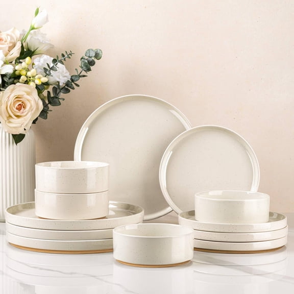 Ceramic Dinnerware Set for 4: Speckled Stoneware Plates and Bowls with Unglazed Terracotta Accents, Dishwasher and Microwave Safe, Modern Beige