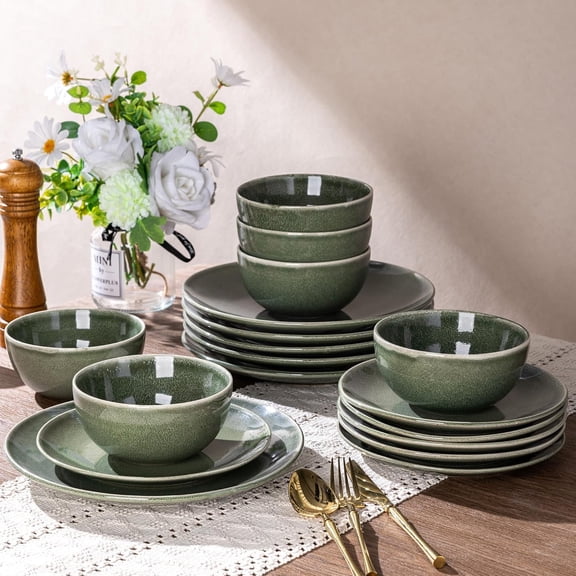 Ceramic Dinnerware Set for 6 People 18-Piece Handpainted Plates and Bowls Scratch Resistant Stoneware Dishwasher and Microwave Safe Jade Green