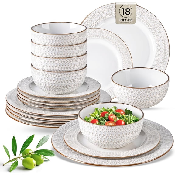 Ceramic Dinnerware Set for 6 People 18 Pieces Pearl White Diamond Finish