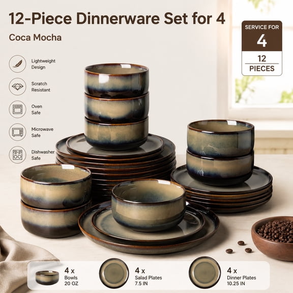 Ceramic Dinnerware Set for 8, 24 Pieces Handmade Reactive Glaze Plates & Bowls, Scratch Resistant, Oven Microwave Dishwasher Safe, Modern Tableware