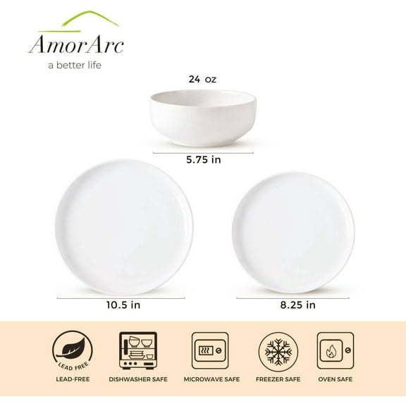 Ceramic Dinnerware Set of 4, Porcelain Plates & Bowls, Scratch Resistant, Dishwasher & Microwave Safe White Dishware for 4-12 Pcs