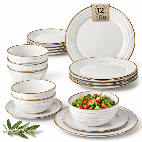 Ceramic Dinnerware Sets 12 Embossed Elegant Stoneware Plates And Housewarming Wedding Gift | Dishwasher &wave Safe Dishes Set Ser