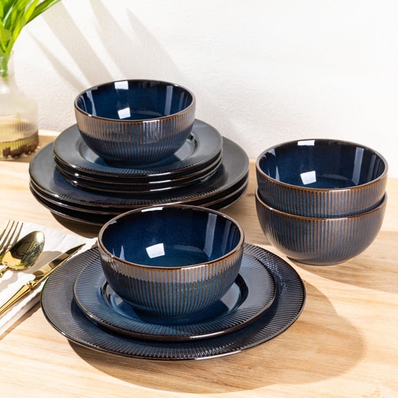 Ceramic Dinnerware Sets 12 Embossed Elegant Stoneware Plates And  Housewarming Wedding Gift | Dishwasher &wave Safe Dishes Set Service For 6