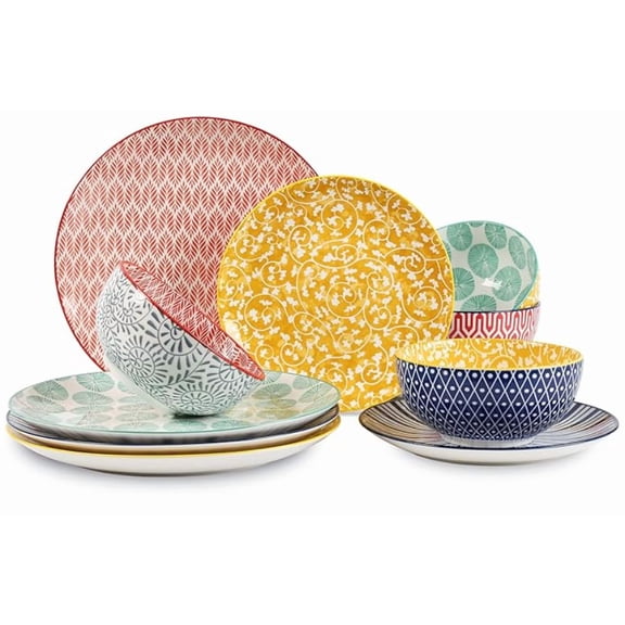 Ceramic Dinnerware Sets, 12-Pieces Plates and Bowls Sets, Scratch Resistant Dishes set for 4, Dishwasher & Microwave , Assorted Colors
