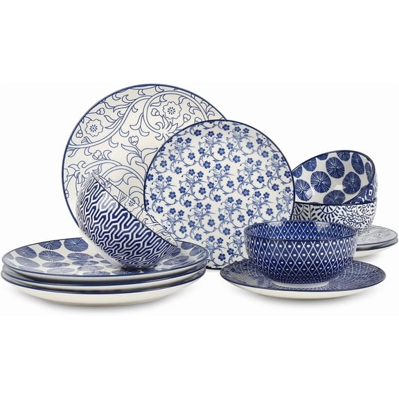 Ceramic Dinnerware Sets, 12-Pieces Plates and Bowls Sets, Scratch Resistant Dishes set for 4, Dishwasher & Microwave Safe,Vintage Blue