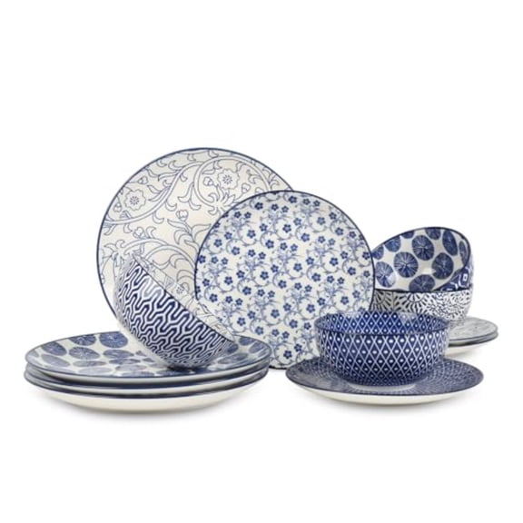 Ceramic Dinnerware Sets 12-Pieces Plates and Bowls Sets Scratch Resistant Dishes set for 4 Dishwasher Microwave Safe Vintage Blue