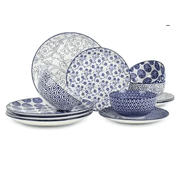 Ceramic Dinnerware Sets, 12-Pieces Plates and Bowls Sets, Scratch Resistant Dishes set for 4, Dishwasher & Microwave ,Vintage Blue