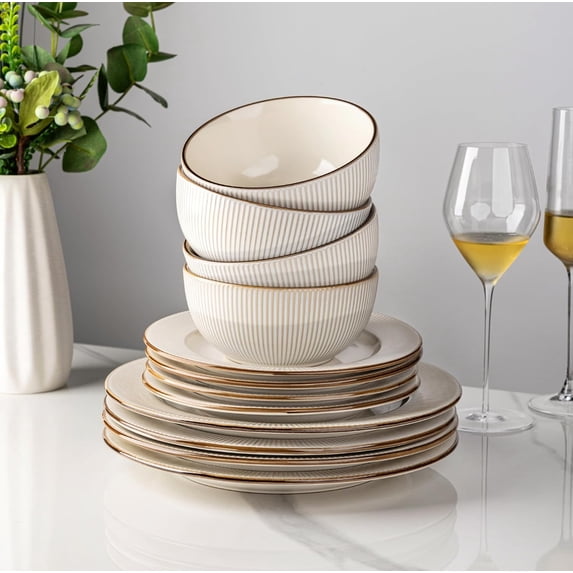 Ceramic Dinnerware Sets,12 pcs Embossed Elegant Stoneware Plates and Bowls Sets, Housewarming Wedding Gift | Dishwasher & Microwave | Dishes Set Service for 4