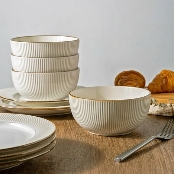 Ceramic Dinnerware Sets,12 pcs Embossed Elegant Stoneware Plates and Bowls Sets, Housewarming Wedding Gift | Dishwasher & Microwave Safe | Dishes Set Service for 4