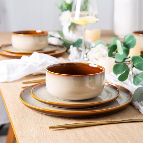 Ceramic Dinnerware Sets for 4,12-Piece Plates and Bowls,Handmade Reactive Glaze Dishes Set,Chip Resistant and Scratch Resistant | Oven Dishwasher & Microwave Safe,Service for 4-Kahki