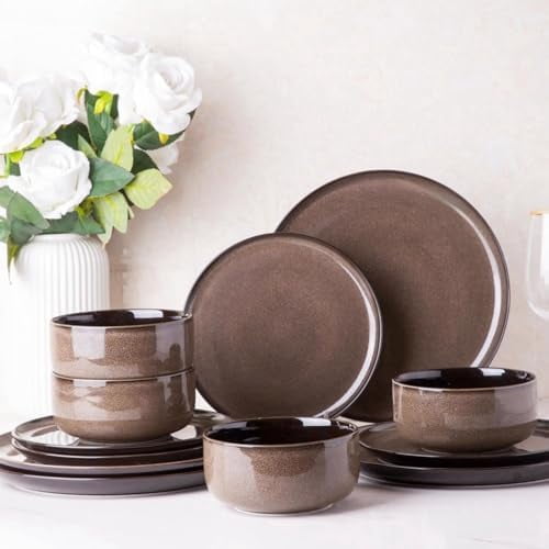 Ceramic Dinnerware Sets for 4,12-Piece Plates and Bowls,Handmade Reactive Glaze Dishes Set, Scratch Resistant | Oven&Dishwasher & Microwave Safe,Service for 4（12pcs),Modern-Chestnut