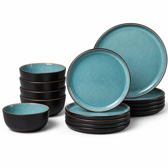 Ceramic Dinnerware Sets For 4 12 Piece Porcelain Stoneware Plates And Scratch Resistant Round Kitchen Dishes Set Dishwasherwave Safe Dinning Ware Pastel Turquoise