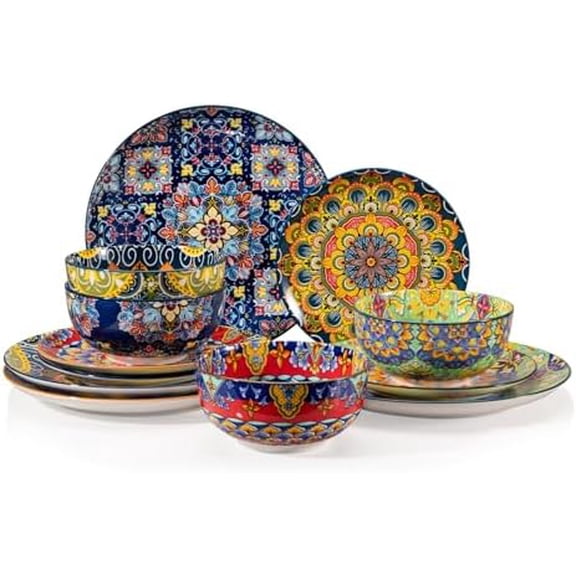 Ceramic Dinnerware Sets for 4,12 Pieces Boho Plates and Bowls for Kitchen,Housewaring Gift,Bohemian Style Dish Set,Dishwasher and Microwave Safe(Colorful)