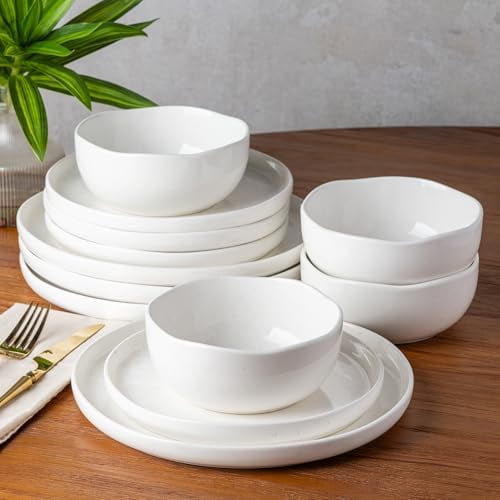 Ceramic Dinnerware Sets for 4, 12 Pieces Handmade Plates and Bowls Set, Scratch Resistant Dish Set, Oven & Microwave & Dishwasher Safe, White Speckled$$Home Decor, Kitchen, & Other