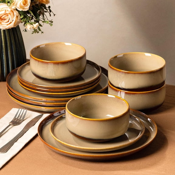 Ceramic Dinnerware Sets for 4, 12 Pieces Handmade Reactive Glaze Plates and Bowls Set, Scratch Resistant Dish Set, Oven & Microwave & Dishwasher Safe, Creamy Amber