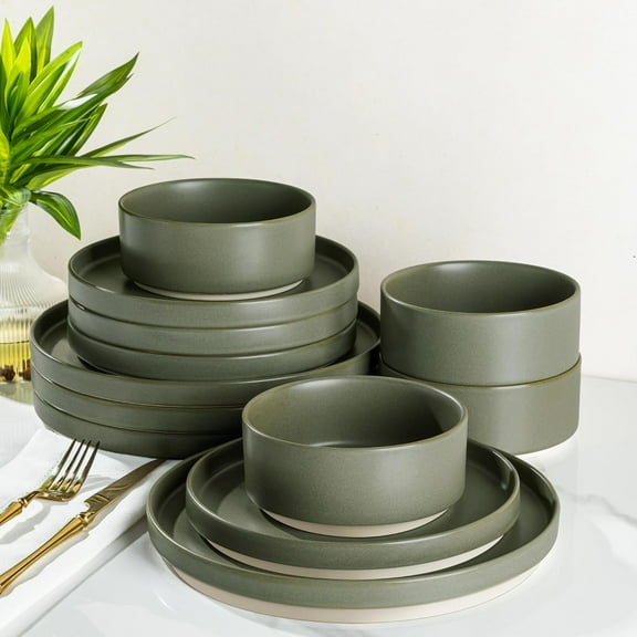 Ceramic Dinnerware Sets for 4, 12 Pieces Handmade Reactive Glaze Plates and Bowls Set, Scratch Resistant Dish Set, Oven & Microwave & Dishwasher Safe, Matte Green