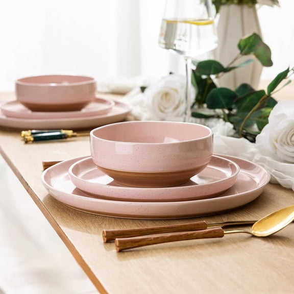 "Ceramic Dinnerware Sets for 4, 12 Pieces Handpainted Plates and Bowls Set with Rustic Terracotta Underside, Scratch Resistant Stoneware Dishes Set, Dishwasher & Microwave , Cloud Pink "
