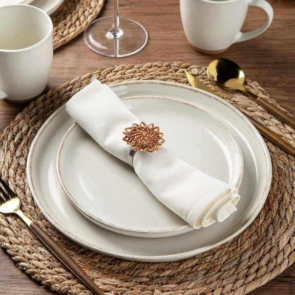 Ceramic Dinnerware Sets for 4, 12 Pieces Handpainted Plates and Bowls Set with Rustic Terracotta Underside, Scratch Resistant Stoneware Dishes Set, Dishwasher & Microwave Safe, Beige