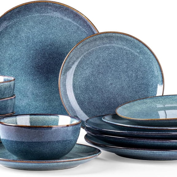 Ceramic Dinnerware Sets for 4, 12 Pieces Handpainted Plates and Bowls Set, Scratch Resistant Stoneware Dishes Set, Dishwasher & Microwave , Ceylon Blue