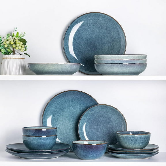 Ceramic Dinnerware Sets for 4, 12 Pieces Handpainted Plates and Bowls Set, Scratch Resistant Stoneware Dishes Set, Dishwasher & Microwave Safe, Ceylon Blue