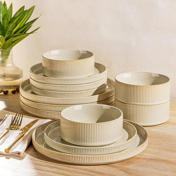 Ceramic Dinnerware Sets for 4, 12 Pieces Porcelain Lightweight Speckled Plates and Bowls Sets, Scratch Resistant Dish Set, Oven & Microwave & Dishwasher