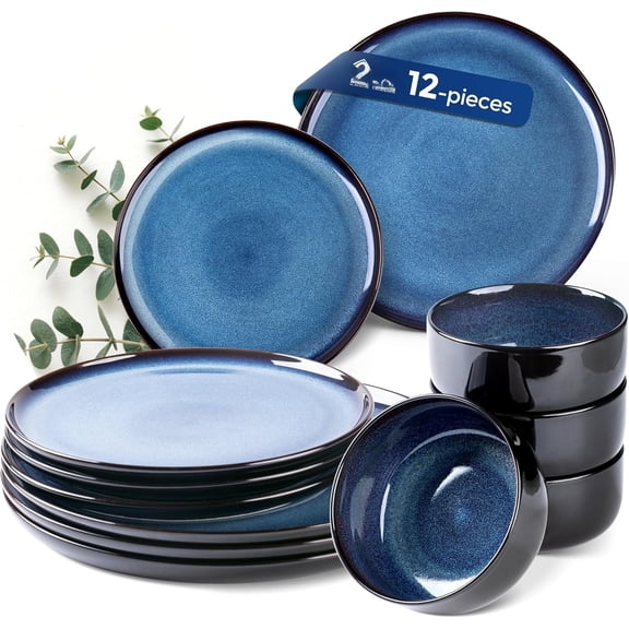 Ceramic Dinnerware Sets for 4,12 Pieces Poreclain Plates and Bowls Sets,Scratch Resistant Dishes,Dishwasher & Microwave Safe,Oven Safe Dishes Set,Service for 4 - Blue