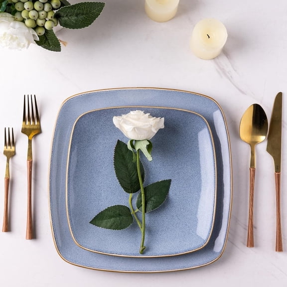 Ceramic Dinnerware Sets for 4, 12 Pieces Square Handpainted Plates and Bowls Set, Chip and Scratch Resistant Stoneware Dishes Set, Dishwasher & Microwave Safe, Reactive Blue