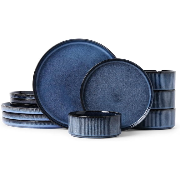 Ceramic Dinnerware Sets for 4, 12 count Stoneware Plates and Bowls Sets, Reactive Dish Set, Chip and Scratch Resistant Double, Microwave and Dishwasher Safe, Dark Blue