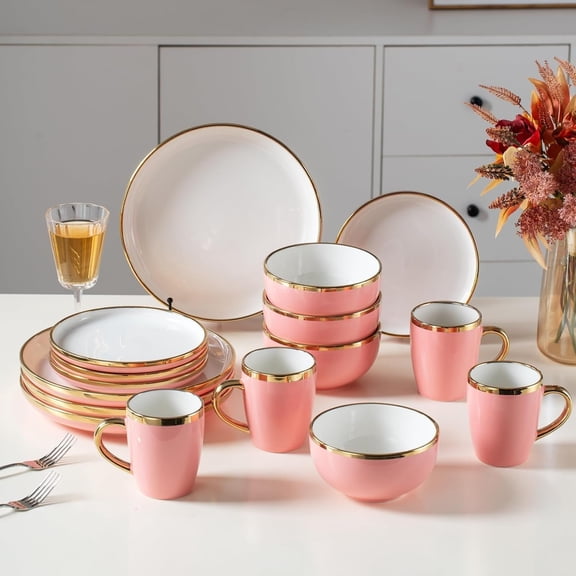 and Ceramic Dinnerware Sets for 4, 16- Luxury Plates and Bowls Sets with Rim, Modern Dish Set for Wedding Christmas Anniversary, Crack Resistant | Dishwasher & Freezer Safe ()