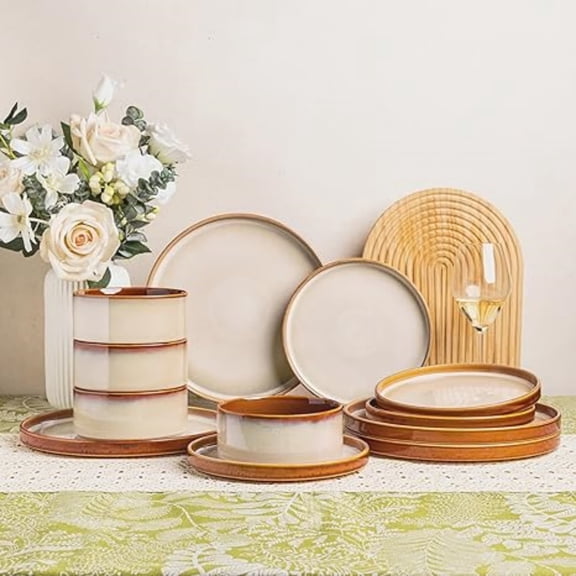 Ceramic Dinnerware Sets for 4,Round Reactive Glaze Ceramic Plates and Bowls Set,Highly Chip and Crack Resistant | Dishwasher & Microwave Dishes Set,Service for 4 (12pc)-Kahki