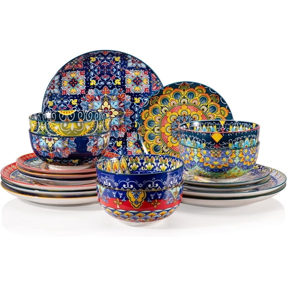 Ceramic Dinnerware Sets for 6,18 Pieces Boho Plates and Bowls for Kitchen,Housewaring ,Bohemian Style Dish Set,Dishwasher and Microwave Safe(Colorful)