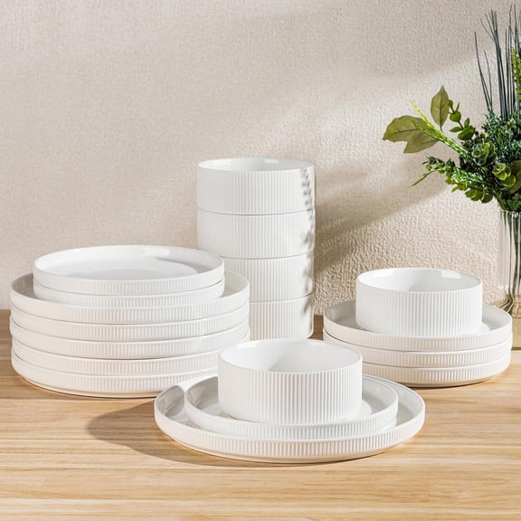 Ceramic Dinnerware Sets for 6, 18 Pieces Porcelain Lightweight Plates and Bowls Sets, Scratch Resistant Dish Set, Oven & Microwave & Dishwasher Safe, Bright White