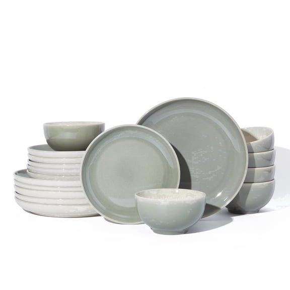 Pokini Stoneware Dinnerware Sets, Ceramic dish sets service for 6, Microwaveable & Dishwasher Safe Plates and Bowls Sets, Kitchen Dinner Plates & Cereal Bowls, Gray Green