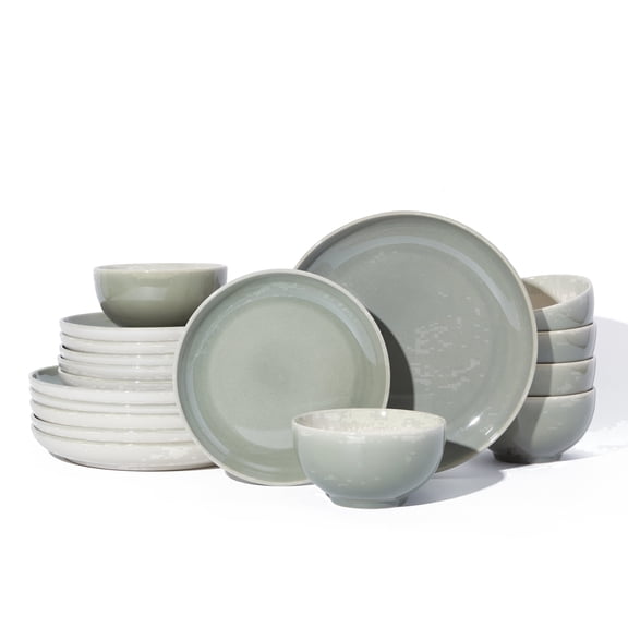 Pokini Stoneware Dinnerware Sets, Ceramic dish sets service for 6, Microwaveable & Dishwasher Safe Plates and Bowls Sets, Kitchen Dinner Plates & Cereal Bowls, Gray Green