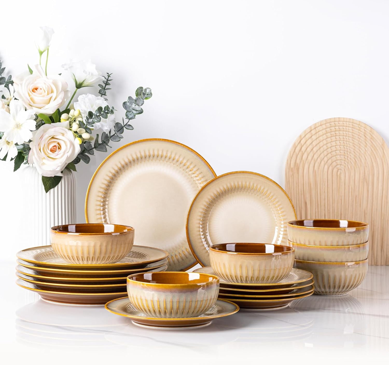 Ceramic Dinnerware Sets for 6,Handcraft Embossed Stoneware Plates and ...