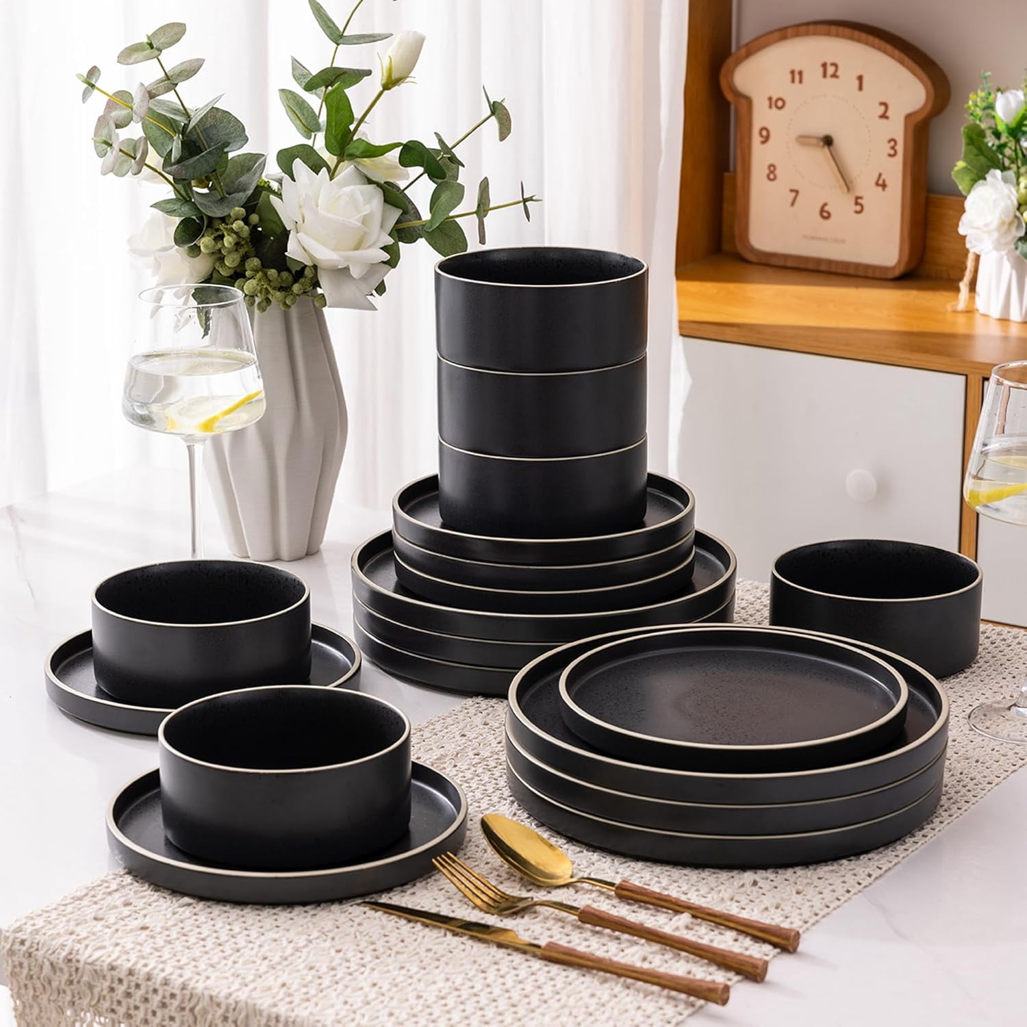 Ceramic Dinnerware Sets for 6, High Edge Stoneware Plates and Bowls Set ...