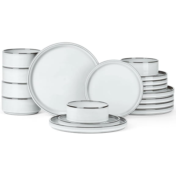 Ceramic Dinnerware Sets for 6, Stoneware Plates and Bowls with Rustic Terracotta Bottom, Elegant Kitchen Dinner Dish Set, 18- Dishware Tableware - Glacier White