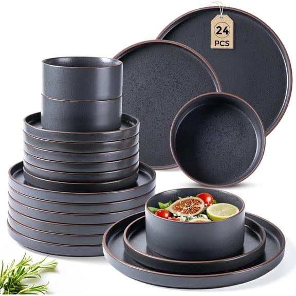 Ceramic Dinnerware Sets for 8, High Edge Stoneware Plates and Bowls Set, Chip and Crack Resistant | Oven & Dishwasher & Microwave Safe Dishes Set, Service for 8 -Ashen