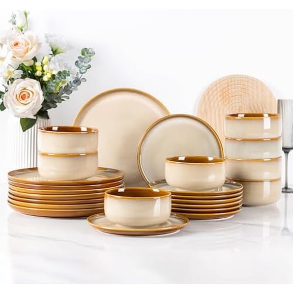 Ceramic Dinnerware Sets for 8,Plates and Bowls Sets,Reactive Glaze Dishes Set,Highly Chip and Crack Resistant | Dishwasher & Microwave & Oven Safe Dishes set,Service for 8-Kahki (24pc)
