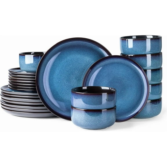 Ceramic Dinnerware Sets for 8, Stoneware Plates and Bowls Sets, Reactive Glaze Dishes Set, Highly Chip and Crack Resistant Dishwasher & Microwave & Oven Safe Dishes set, Service for 8-Blue(24pc)