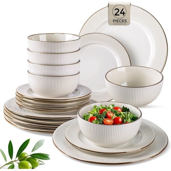 Ceramic Dinnerware Sets, Embossed Elegant Stoneware Plates and Bowls Sets, Housewarming Wedding Gift | Dishwasher & Microwave Safe | Dishes Set Service for